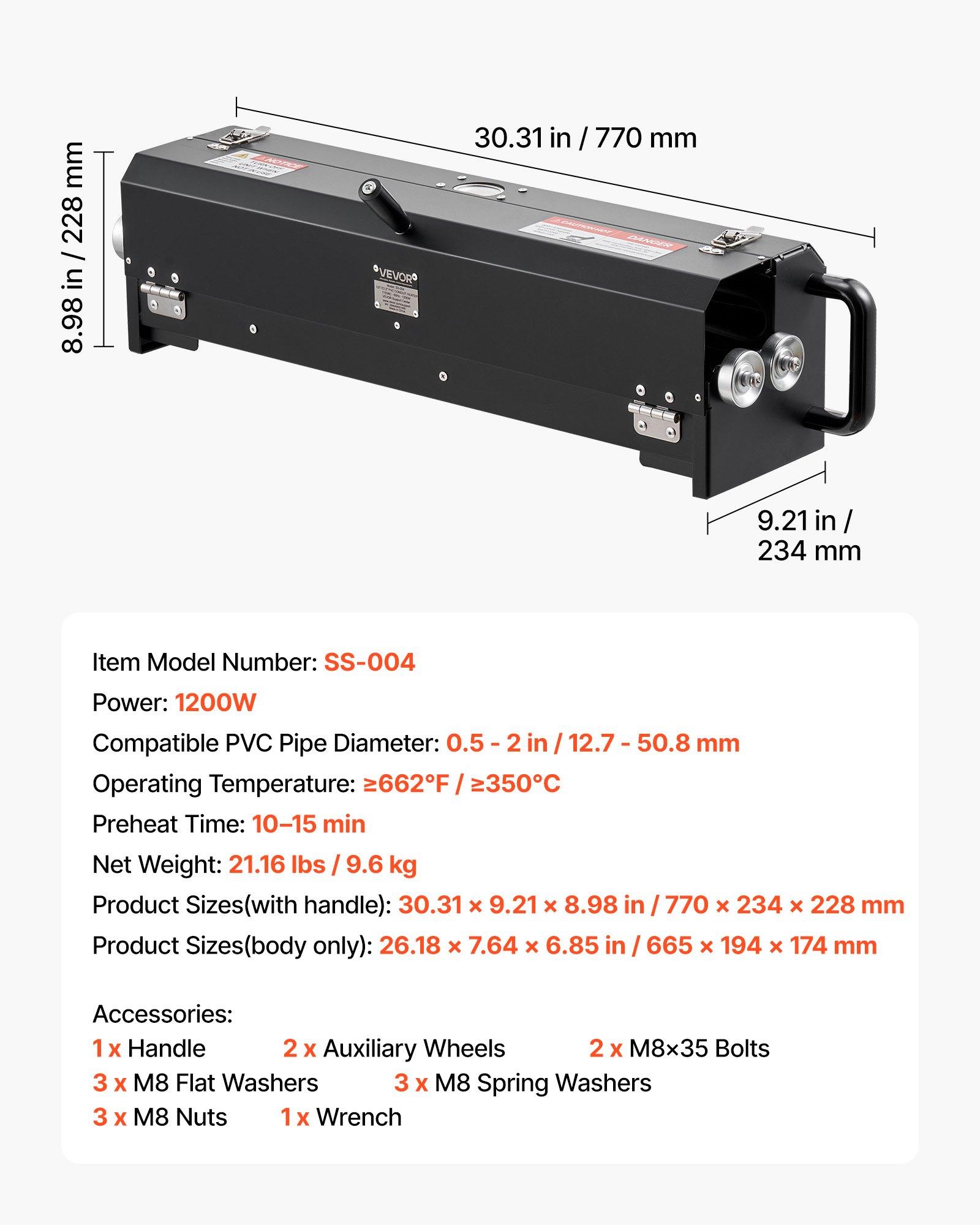 VEVOR Electric PVC Conduit Heater, 1/2" to 2", 1200W Rapid and Even Heating, PVC Bender Heater Pipe Bending Tool with Carrying Handle, Easy to Use, for Construction Crews, DIY Enthusiasts, Workshop