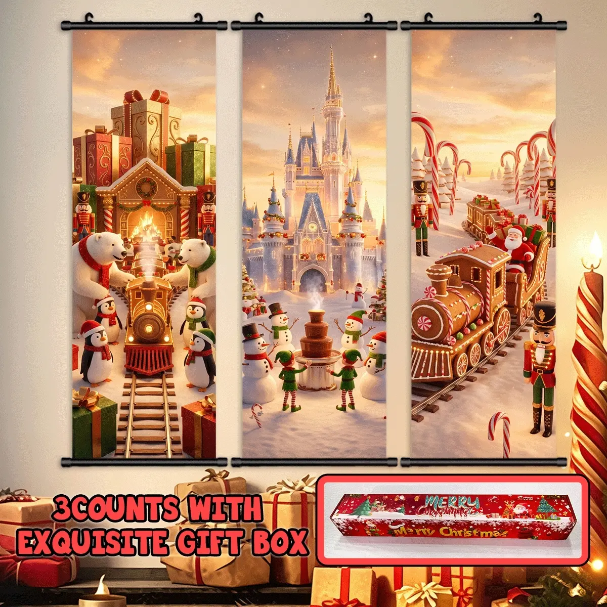 3Pcs Hanging Scrolls Painting, Canvas Posters, christmas castle train snowmen nutcracker,Art For Home, Living Room, Bedroom Decoration, Pattern Wall Art Decor, Pictures Wall Decor, For Friends' Gift, High Definition, Christmas Gift , Print, Artwork.