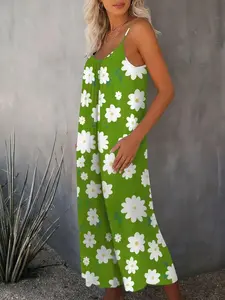 Vintage Watercolor Floral Print V-Neck Halter One-Piece Pants, Loose Wide Leg with Pockets, Bohemian Chic Vacation Long Pants, Summer New Fashion, Breathable Lightweight