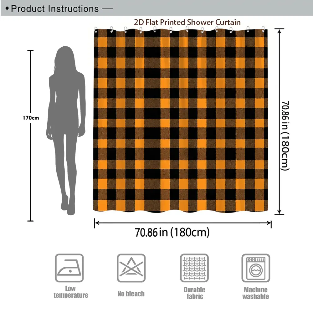 2D Flat Shower Curtain 1pc, Halloween plaid shower curtain black and orange buffalo plaid bathroom decoration shower partition curtain 70.8x 70.8inch with hooks