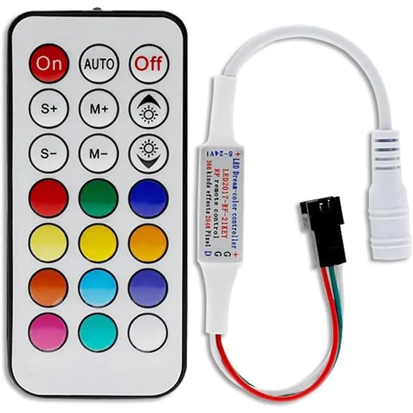 WS2812B Pixel LED Light Strip Controller, 366-Mode Conversion, 3-Pin SM JST, 21-Key RF Remote Control for WS2811 LED Strips, DC5V-24V Compatibility