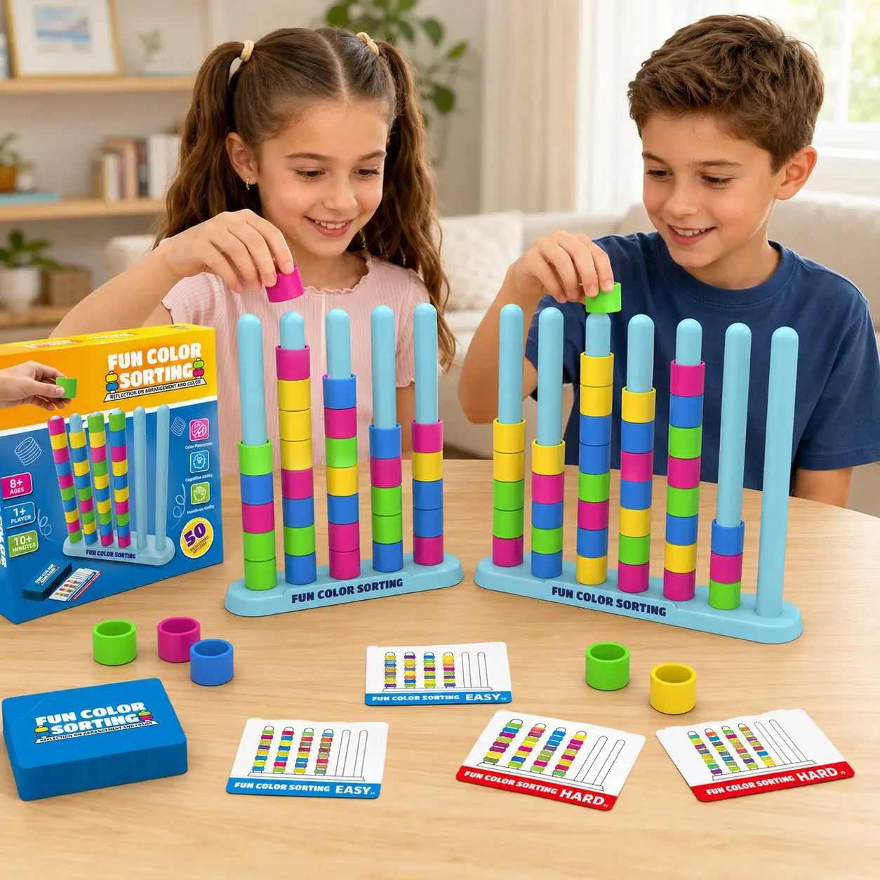 Color Sorting Stacking Fun Game, Montessori Educational Stem Learning Toy for Kids, Matching Logic Cognitive Skills Board Game, Family Party Learning Toy