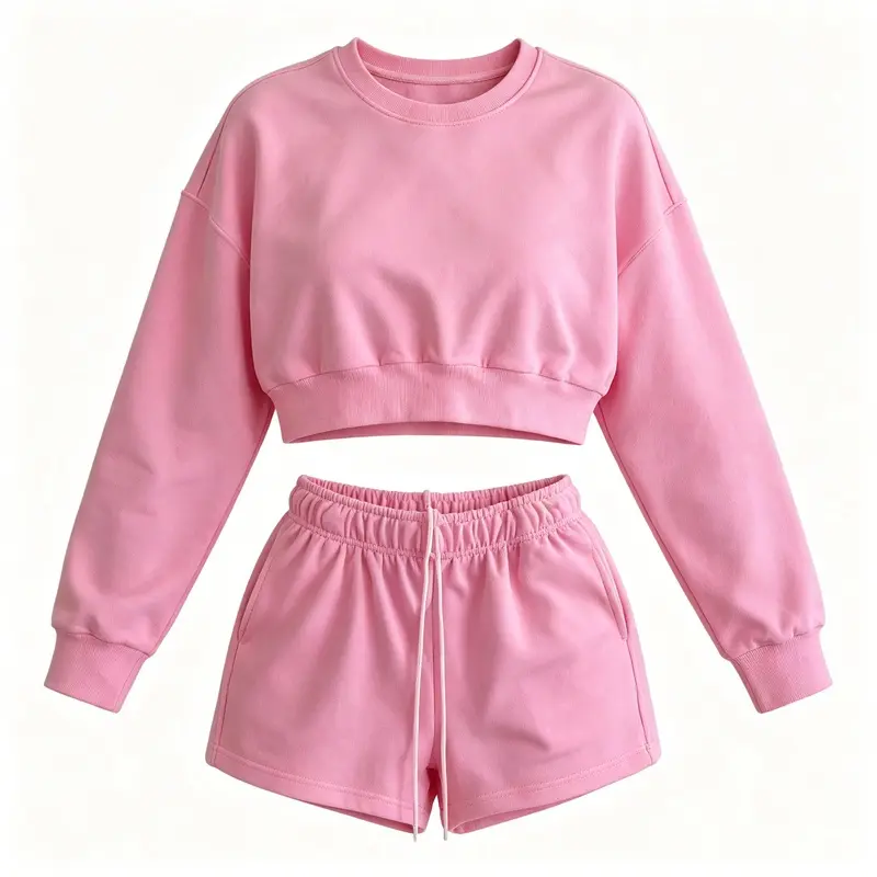 Women's 2-Piece Casual Tracksuit Set 2026 - Fleece Blend Crew Neck Long Sleeve Oversized Cropped Sweatshirt, Adjustable Drawstring Shorts, Minimalist Solid Gym Jogging Loungewear Outfit, Women's Casual 2 Piece Sets, Two-Pieces