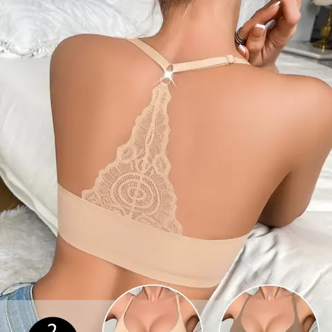 1/2 Pack Women's Lace Panel T-Back Wireless Smooth Bra, Adjustable Spaghetti Straps Medium-Support Lined Comfort Bralette, Casual Everyday Undergarment