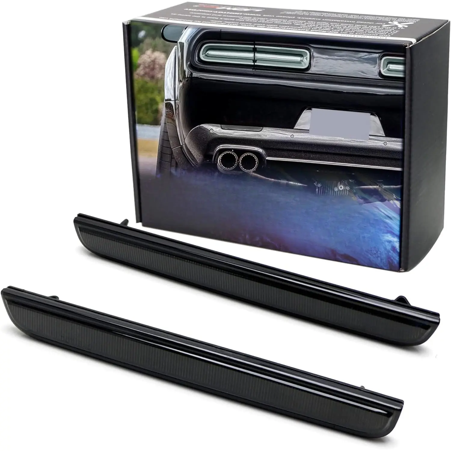 Blackout Smoked Lens Rear Bumper Reflector Lenses Compatible With 2015-up Dodge Challenger, OE-Spec LH RH Assembly