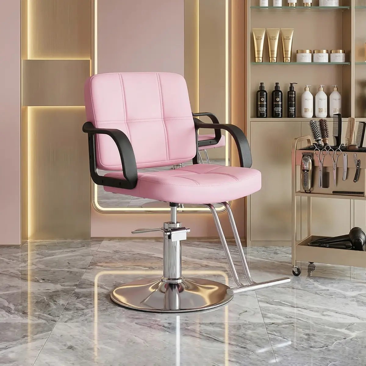 Salon Barber Chair, 360° Barber Chair Salon Chair for Hair Stylist, Adjustable Height, Chrome Base, Durable Frame & Footrest, Swivel Styling Braiding Hairdresser Chair for Home Barbershop, Capacity 350 LBS (Pink)