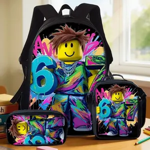 3Pcs backpack set, cartoon doll handheld digital six or seven painted graffiti pattern, fashion printed school bag, including large-capacity shoulder bag, clutch bag, messenger bag, multi-functional light travel backpack, travel bag, adjustable shoulder