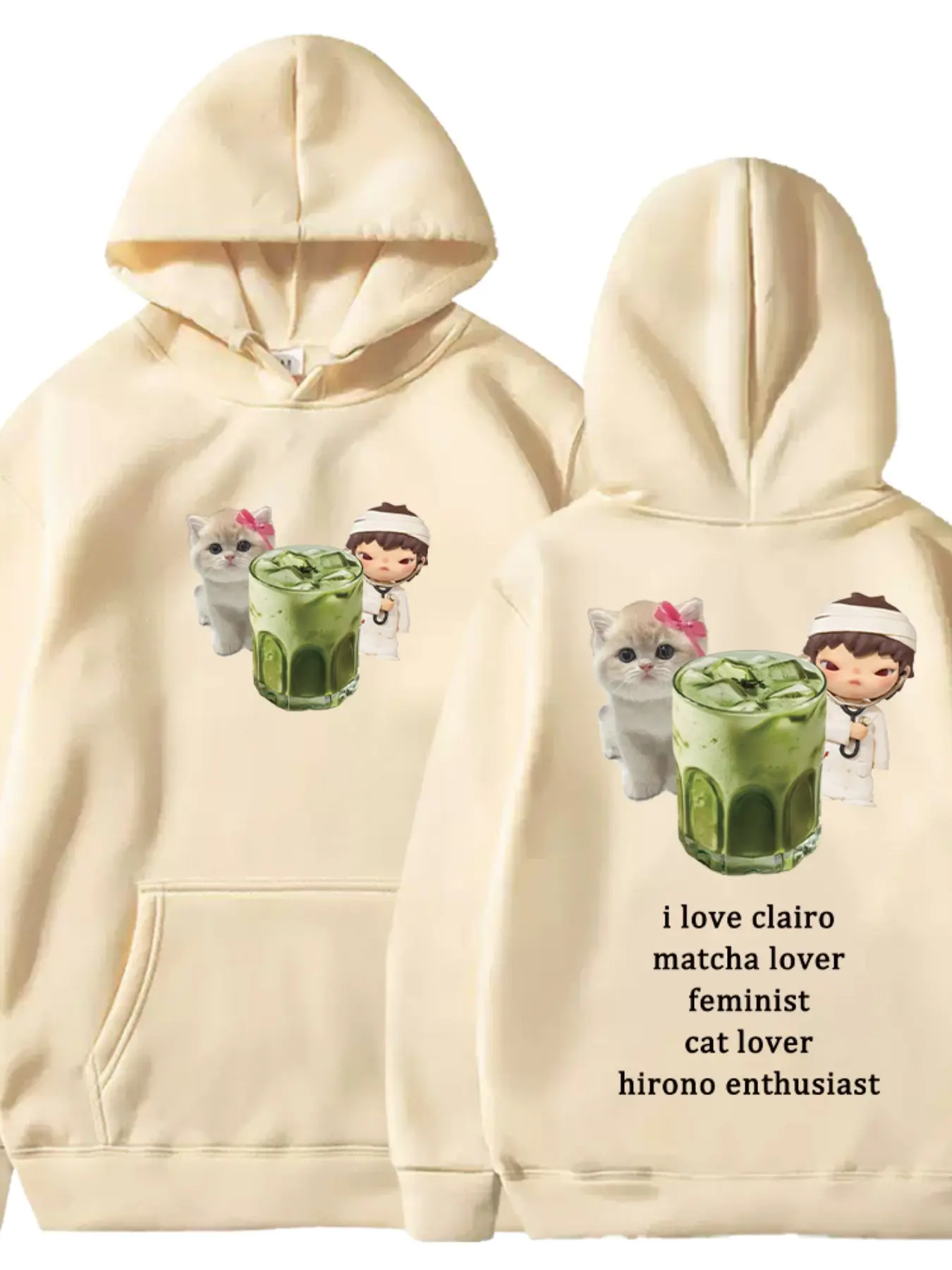 American Style Cute Cat Hoodie, Hirono Matcha Drink Print, Loose Fit, All Seasons, Casual Fashion, Dual-Sided Printing, Comfortable Top