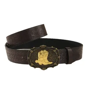 Western Cowboy Belt with Longhorn Bull Buckle & Tooled Pattern soft adjustable side belt
