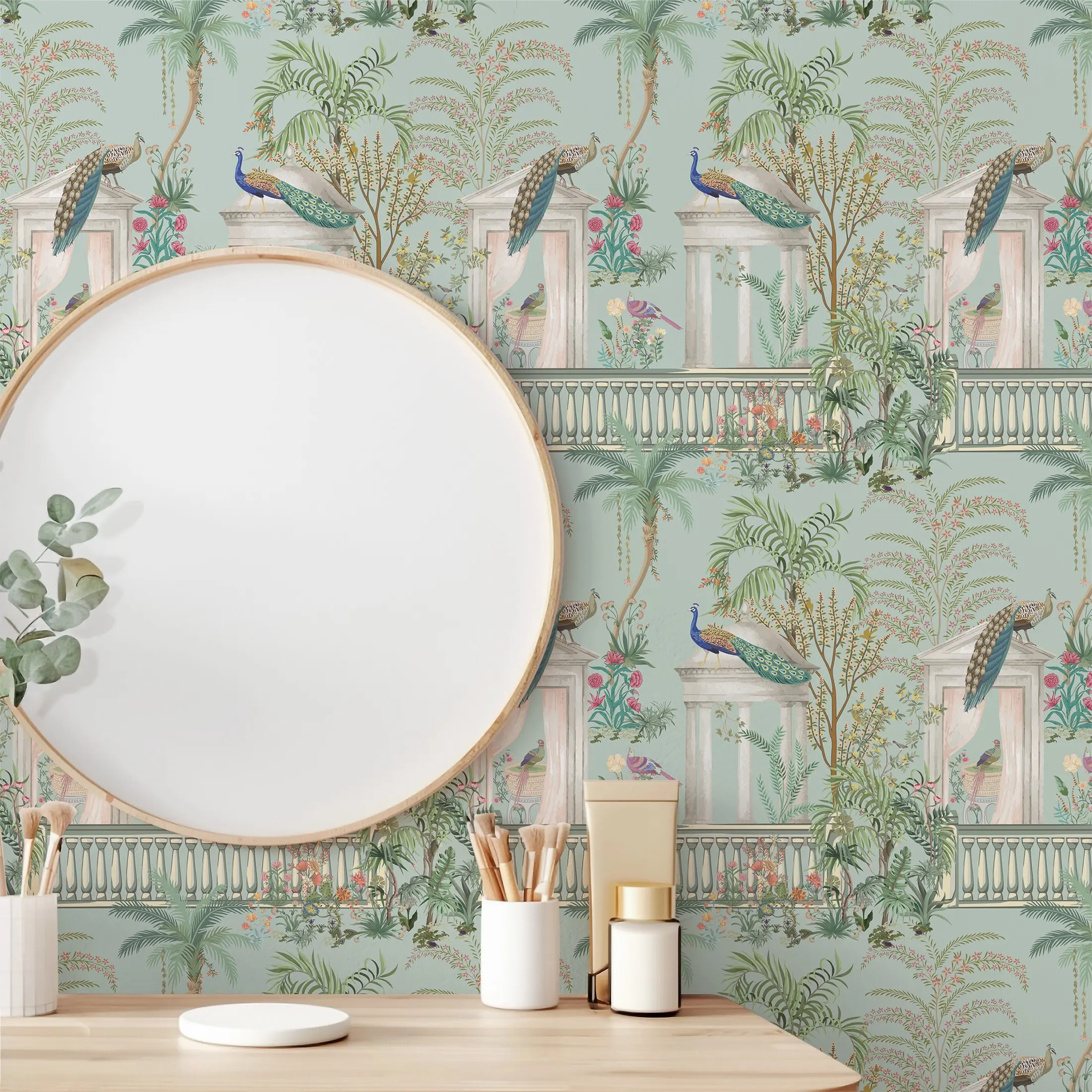 Tropical Peacock Plant Pattern Self-Adhesive Peel And Stick Decorative Wallpaper Boho, Bohemian Style, Home Decor, Cuttable, Washable, Removable, 17.7x118.11/196.85 Inches