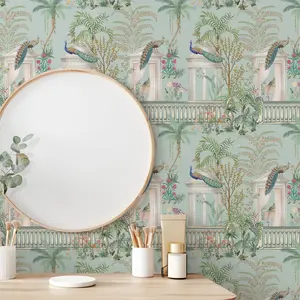 Tropical Peacock Plant Pattern Self-Adhesive Peel And Stick Wallpaper Boho, Bohemian Style, Home Decor, Cuttable, Washable, Removable, 17.7x118.11/196.85 Inches
