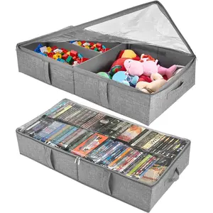 2-Pack Under Bed Toy Storage Boxes, Grey Toy Organizer with Clear PVC Lid, Foldable Under Couch Storage Bins (31.8×16×5.9in), Toys Storage Containers for Plush Dolls, Books, Clothes, Shoes & Blankets