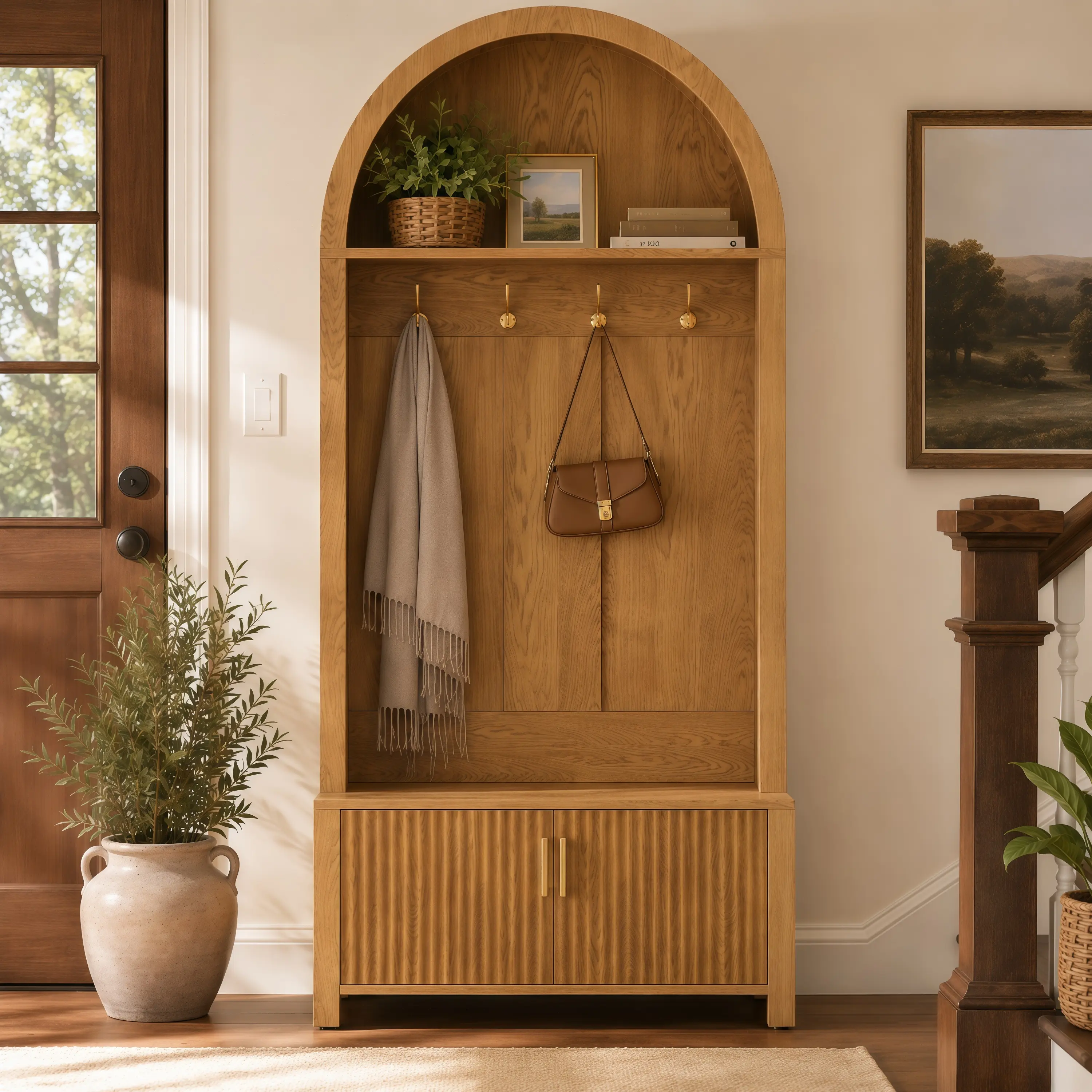 Nokaa Arched Top Hall Tree with Bench and Shoe Storage, 70.3" Farmhouse Coat Rack with 4 Metal Hooks and 2 Fluted Doors, Entryway Mudroom Organizer with Cabinet, Engineered Wood Natural Finish, Natural Color