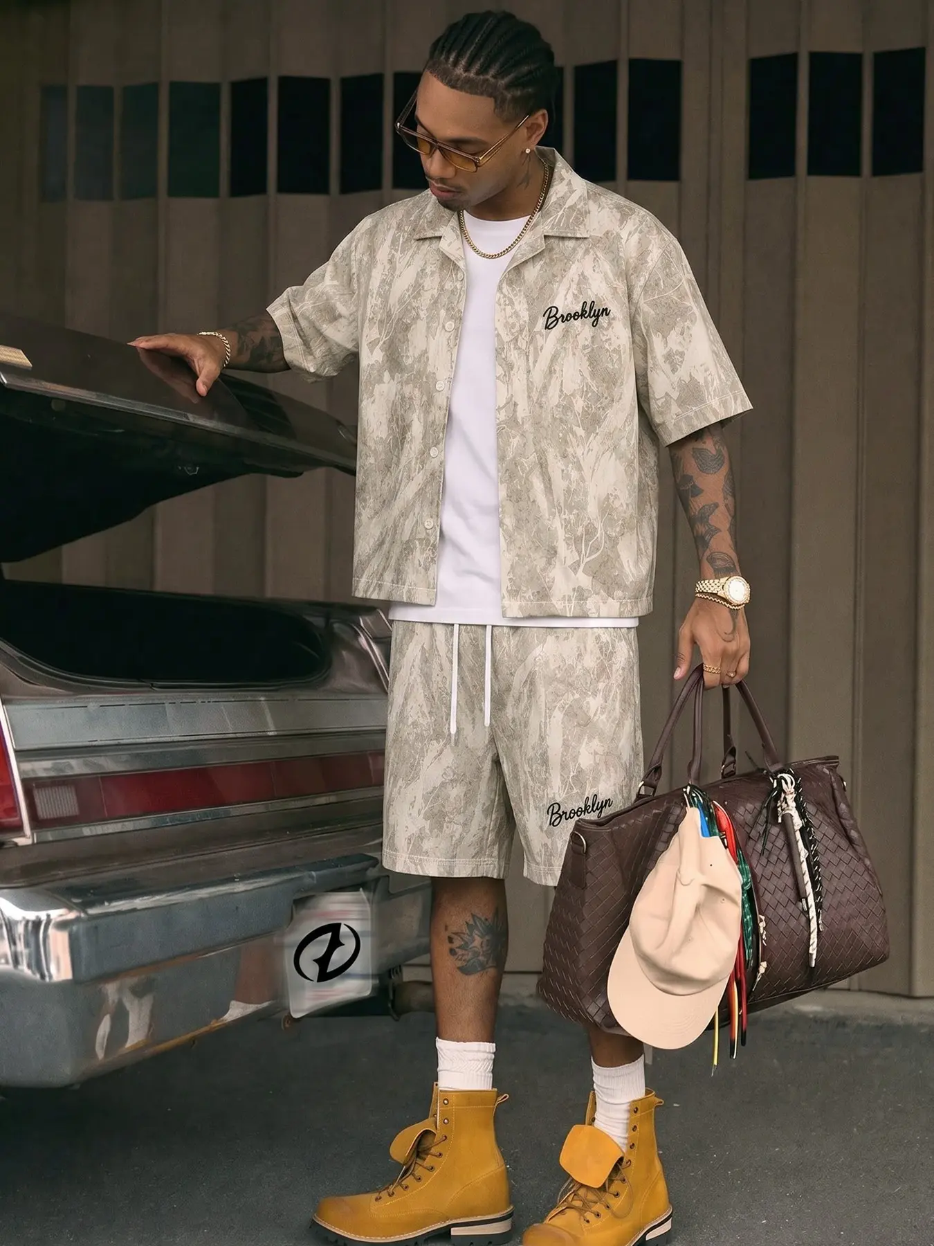 Men Vintage Gray Marble Swirl Print Two Piece Matching Set Oversized Short Sleeve Cuban Collar Shirt Drawstring Waist Shorts Brooklyn Embroidery West Coast Chicano Streetwear Summer Couple Tracksuit #TwoPieceSet #ChicanoStyle #MensMatchingSuit