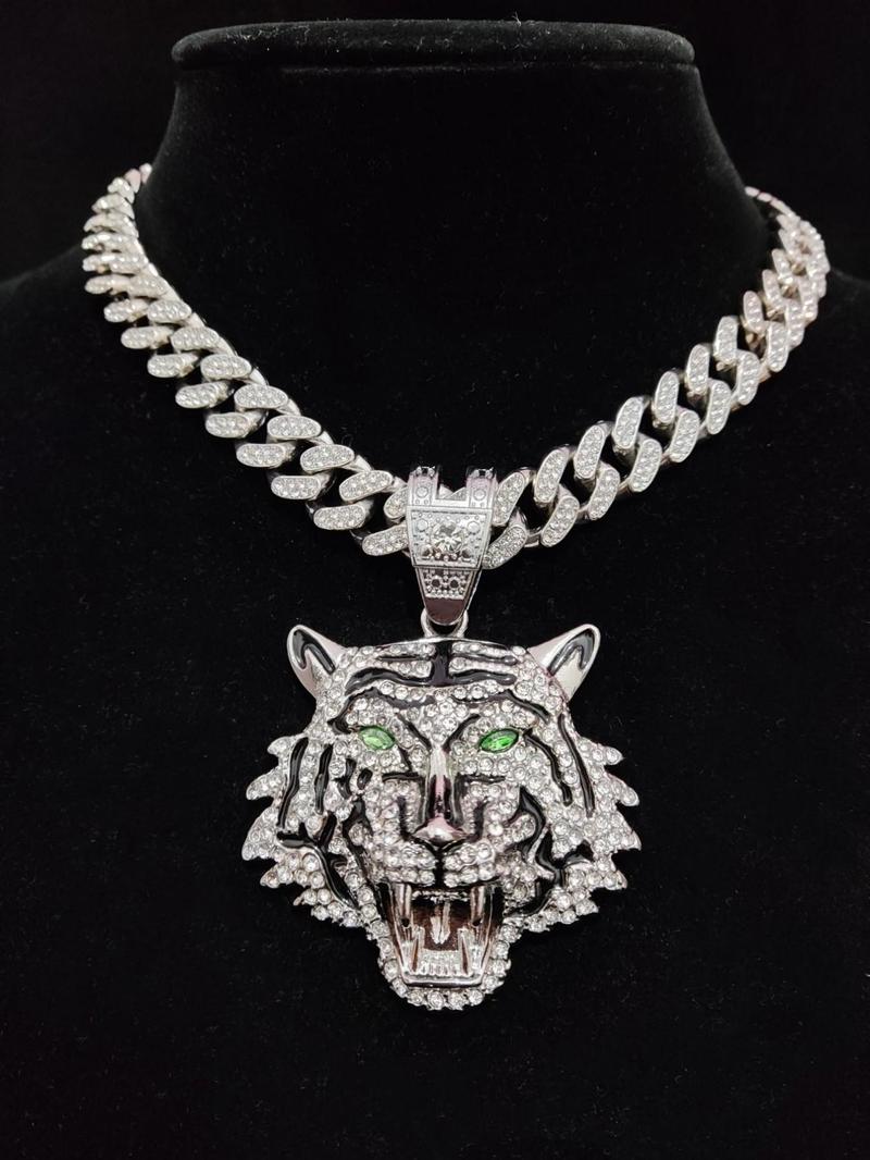 Hip Hop Luxury Rhinestone Tiger Shaped Pendant Necklace for Men & Women, Summer Chunky Cuban Chain Necklace, Streetwear Necklace, Cuban Link Chain, Gift for Girlfriend
