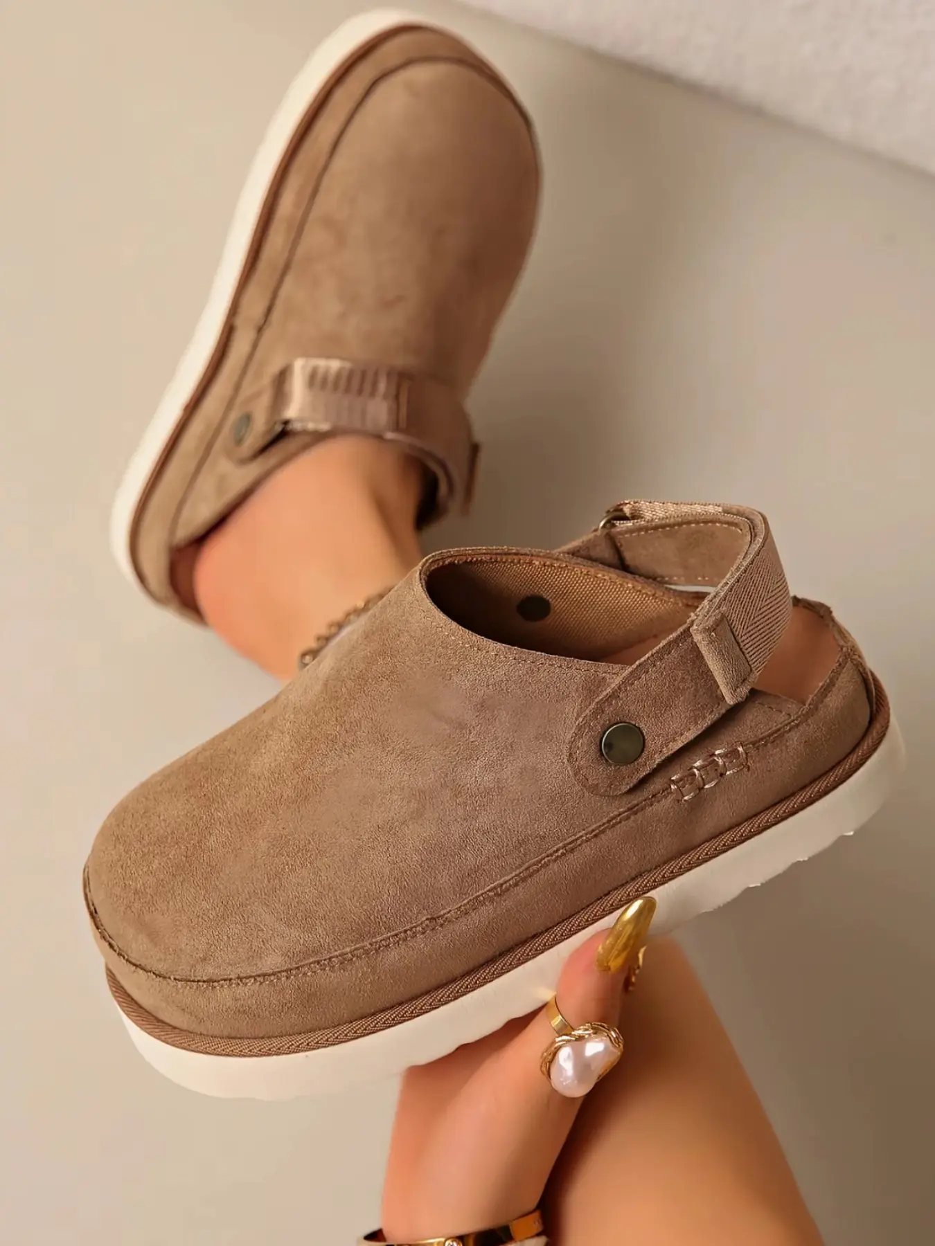 Women's Platform Mules Clogs, Closed Toe Backless Slippers, Adjustable Strap, Casual Suede Slip on Loafers for Walking, Shopping, Travel