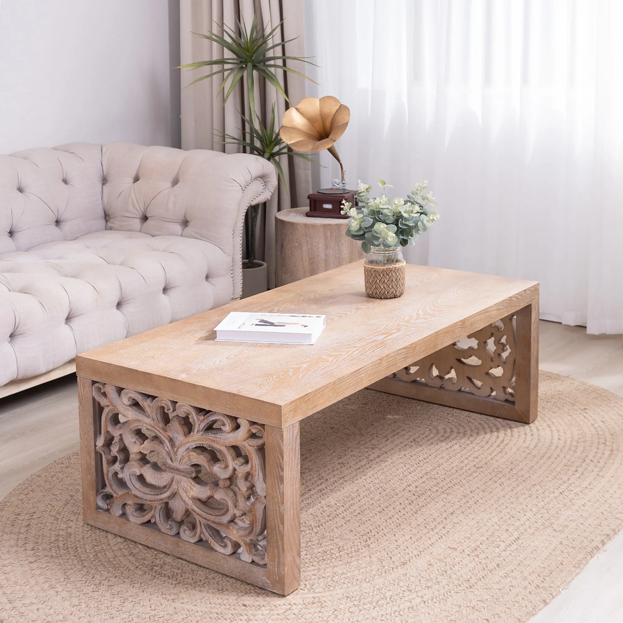 ARCH 47.2" Rustic Carved Wood Coffee Table for Living Room, Handcrafted Ornate Side Panels, Natural Finish, Solid Wood Center Table, Farmhouse Style Accent Furniture, Durable Wooden Coffee Table for Home Decor, Living Room Table for Sofa Side