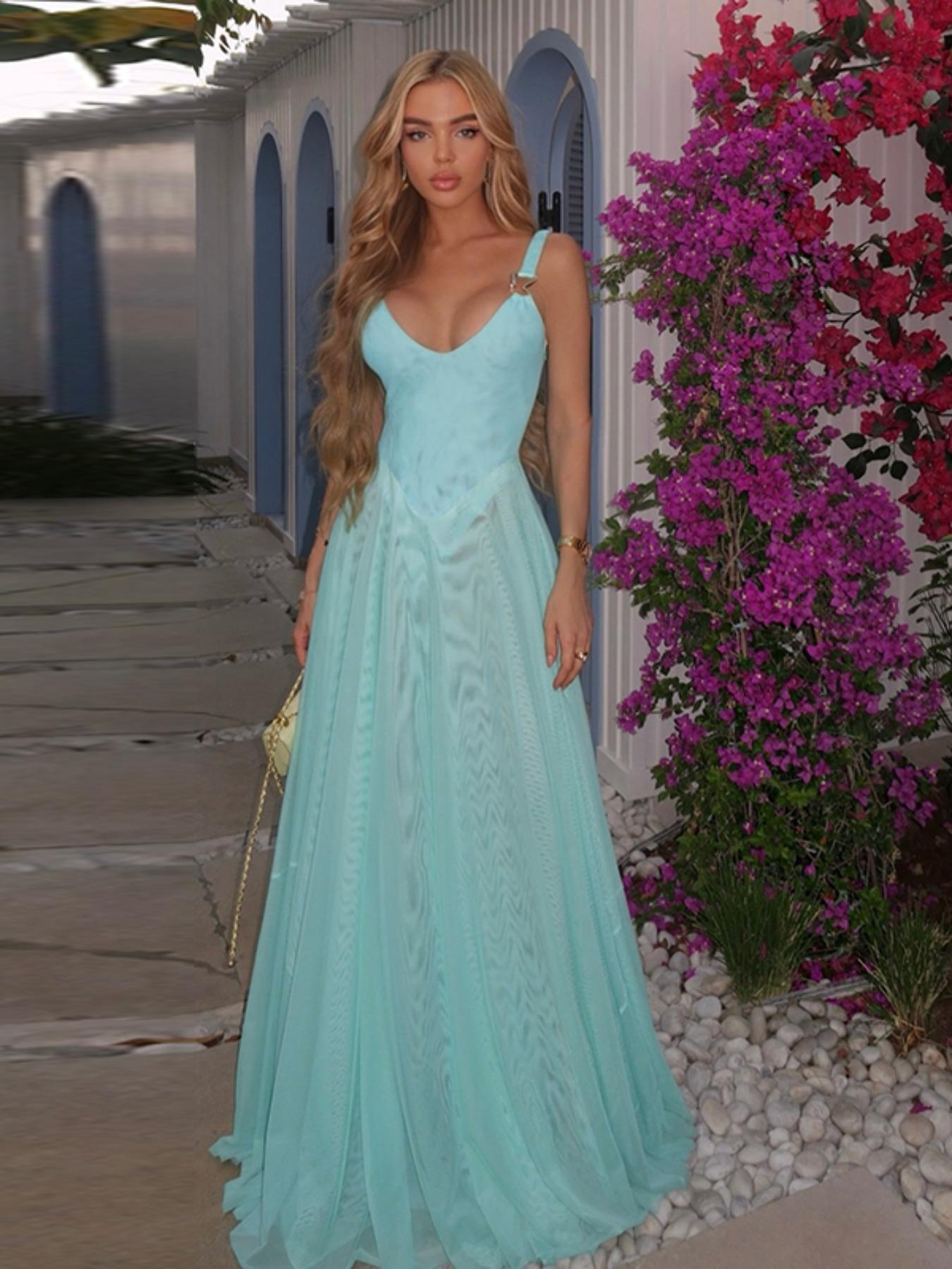 Women's Plain Deep V Neck Tulle Cami Dress, Elegant Sleeveless Maxi Dress for Party Holiday Wedding Guest, Ladies Summer Clothes, Brunch Dresses