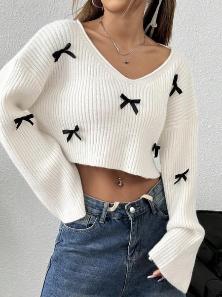 Elegant V Neck Bow Decor Sweater Knitwear, Short Casual Knit Pullover for Fall & Winter, Versatile Fashionable Women's Top