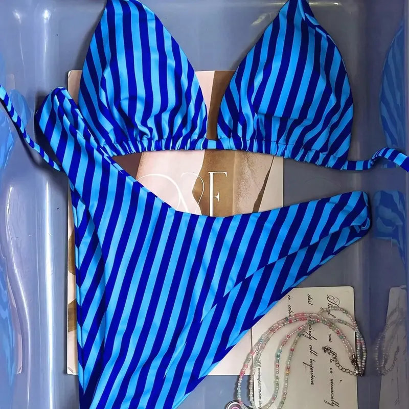 Salt Blue Striped Bikini Two-Piece Swimsuit, Sexy Vacation Style, Fitted Thong Bottom, Wireless Micro Triangle Bra, Tie Back Design, Summer Beach Bikini, Bikinis Set, Swimsuits Set Bikini Sets