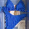 Salt Blue Striped Bikini Two-Piece Swimsuit, Sexy Vacation Style, Fitted Thong Bottom, Wireless Micro Triangle Bra, Tie Back Design, Summer Beach Bikini, Bikinis Set, Swimsuits Set Bikini Sets