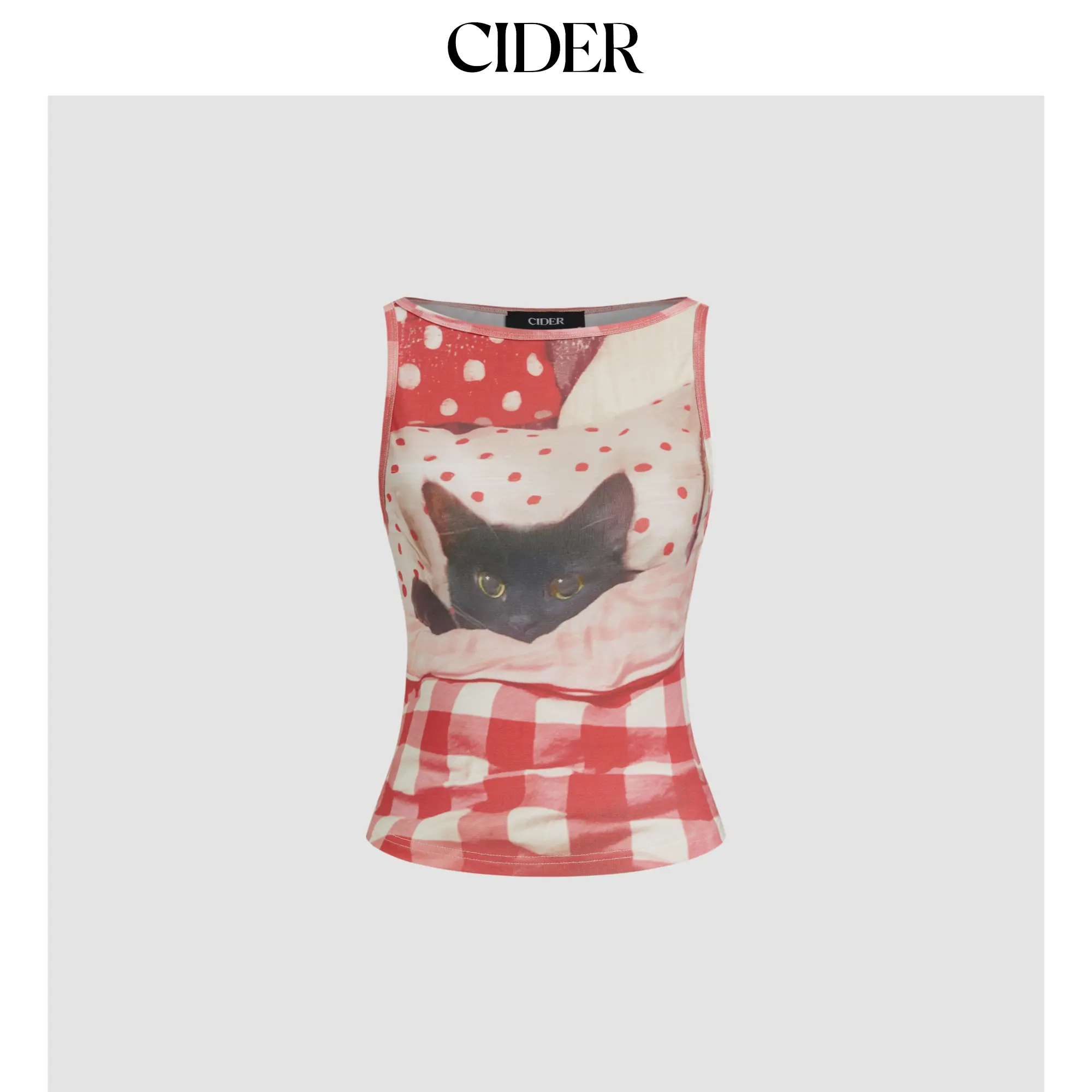 Cider [size 0-10] Cotton-blend Cat Graphic Gingham Ruched Tank Top SummerWins SummerFinds