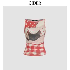 Cider [size 0-10] Cotton-blend Cat Graphic Gingham Ruched Tank Top SummerWins Dealsforyou