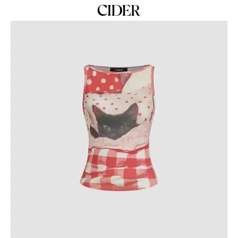 Cider [size 0-10] Cotton-blend Cat Graphic Gingham Ruched Tank Top