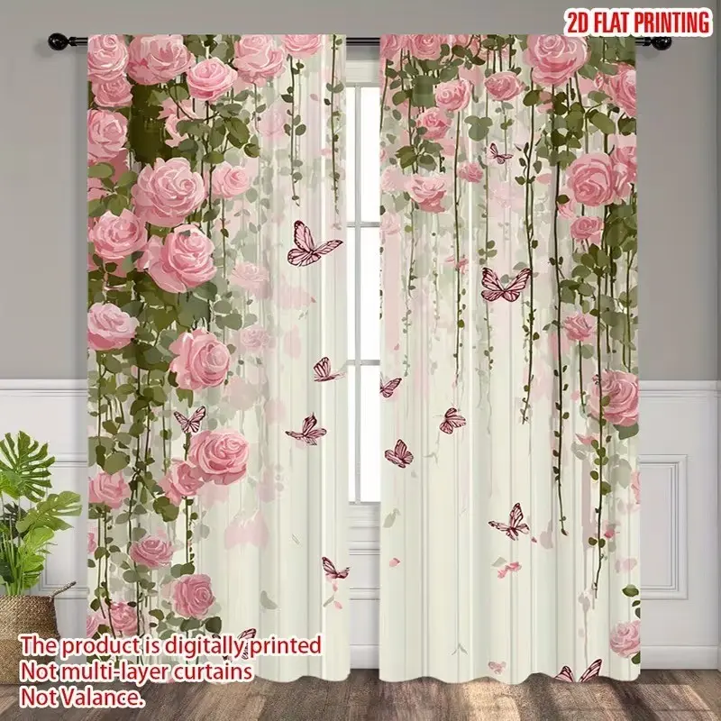 Spring floral butterfly print window curtains - 100% polyester semi-transparent rod pocket curtains, suitable for living room, bedroom, kitchen, office, vacation home (machine washable), natural style decoration, durable fabric, Home Decorative Curtain