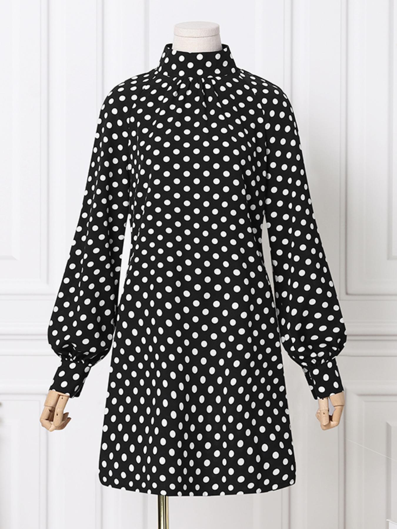Women's Polka Dot Print Bishop Sleeve Dress, Elegant Chic Long Sleeve Stand Collar Short Dress for Party Holiday Wedding Guest, Ladies Fall & Winter Clothes, Womenswear, Formal Dresses Women, Chic Elegant Aesthetic