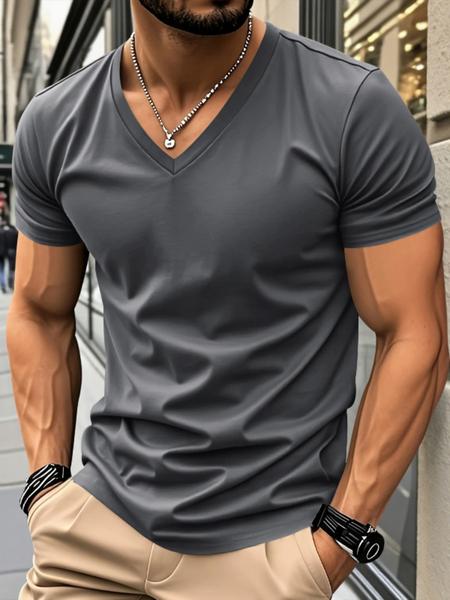 Men's Solid V-Neck Short Sleeve T-Shirt, Soft Breathable Heart-Neck Top, Classic Basic Versatile Tee &ndash; Suitable for Daily Wear, Layering & Outdoor Sports, Casual Fashion Must-Have for Men