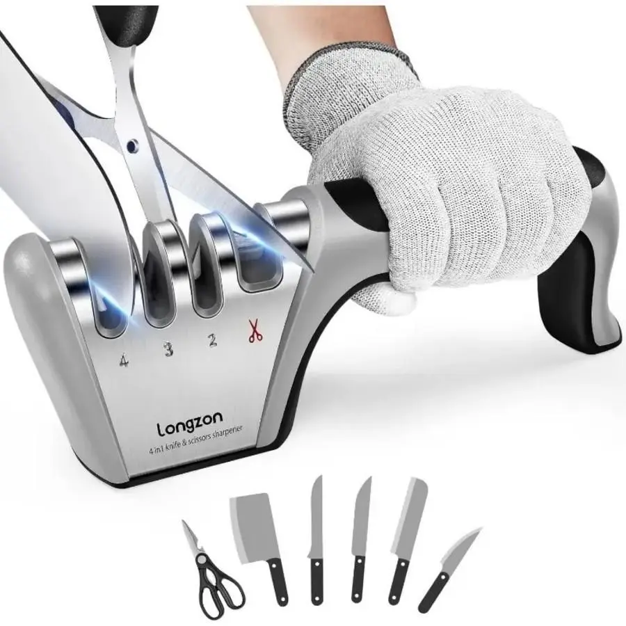 4-in-1 multifunctional knife sharpener, four-slot professional knife sharpener, one-key repair of blunt knives and scissors, fast and efficient, non-slip base, suitable for ceramic and steel knives and scissors, is an essential kitchen appliance
