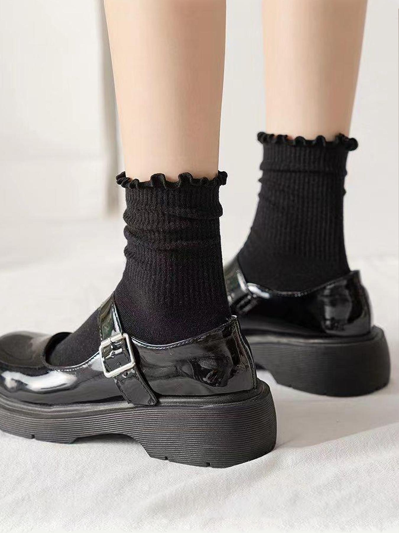 Women's Solid Lettuce Trim Crew Socks, Casual Comfy Breathable Socks for Daily Wear, Multipack Knit Socks for All Seasons