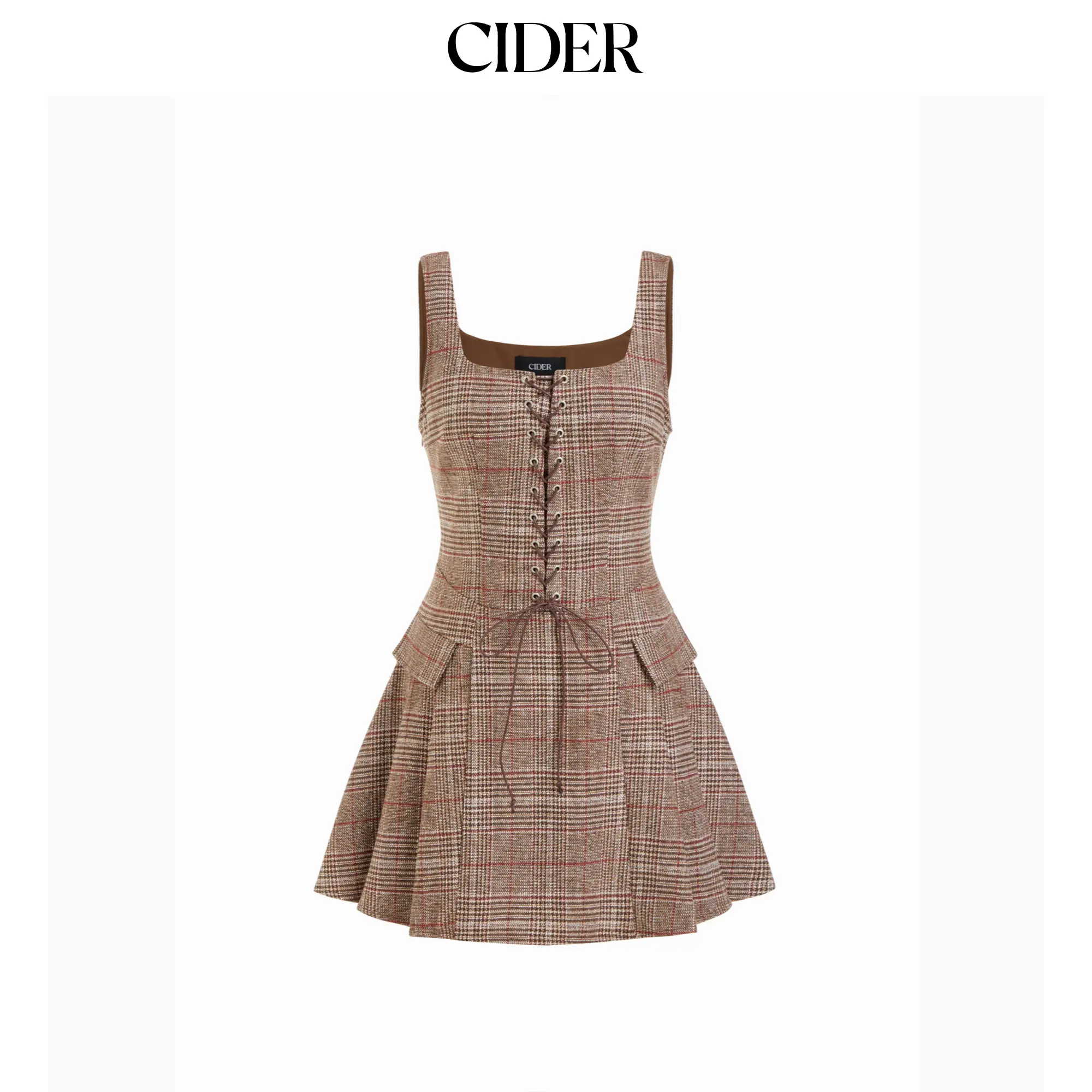 Cider Plaid Square Neck Lace Up Pleated A-line Mini Cami Dress SummerFinds