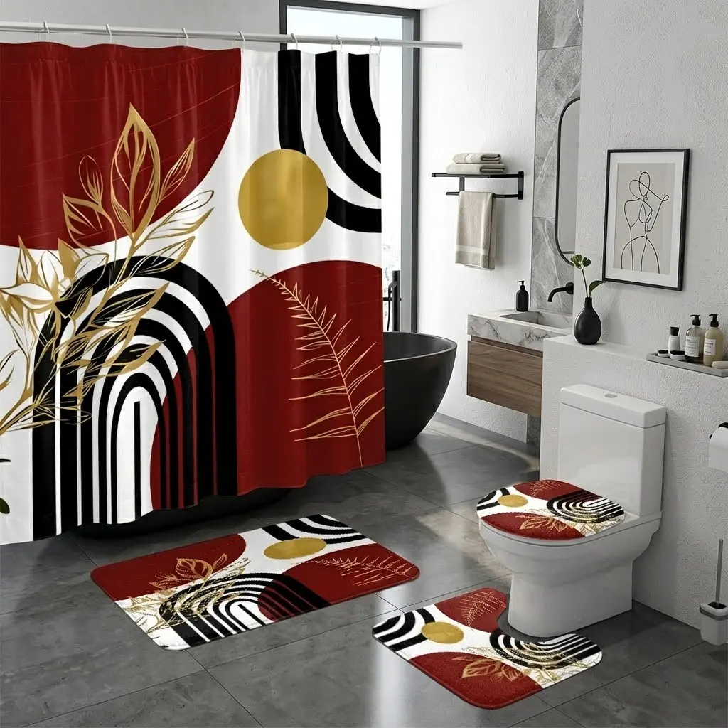4pcs Burgundy Black Geometric Arch Golden Botanical Shower Curtain Set with Toilet Seat Cover & Bathroom Mats,The floor mat fabric is thicker and softer!  Modern Abstract Art Bathroom Decor Kit for New Year Home Bathroom Styling