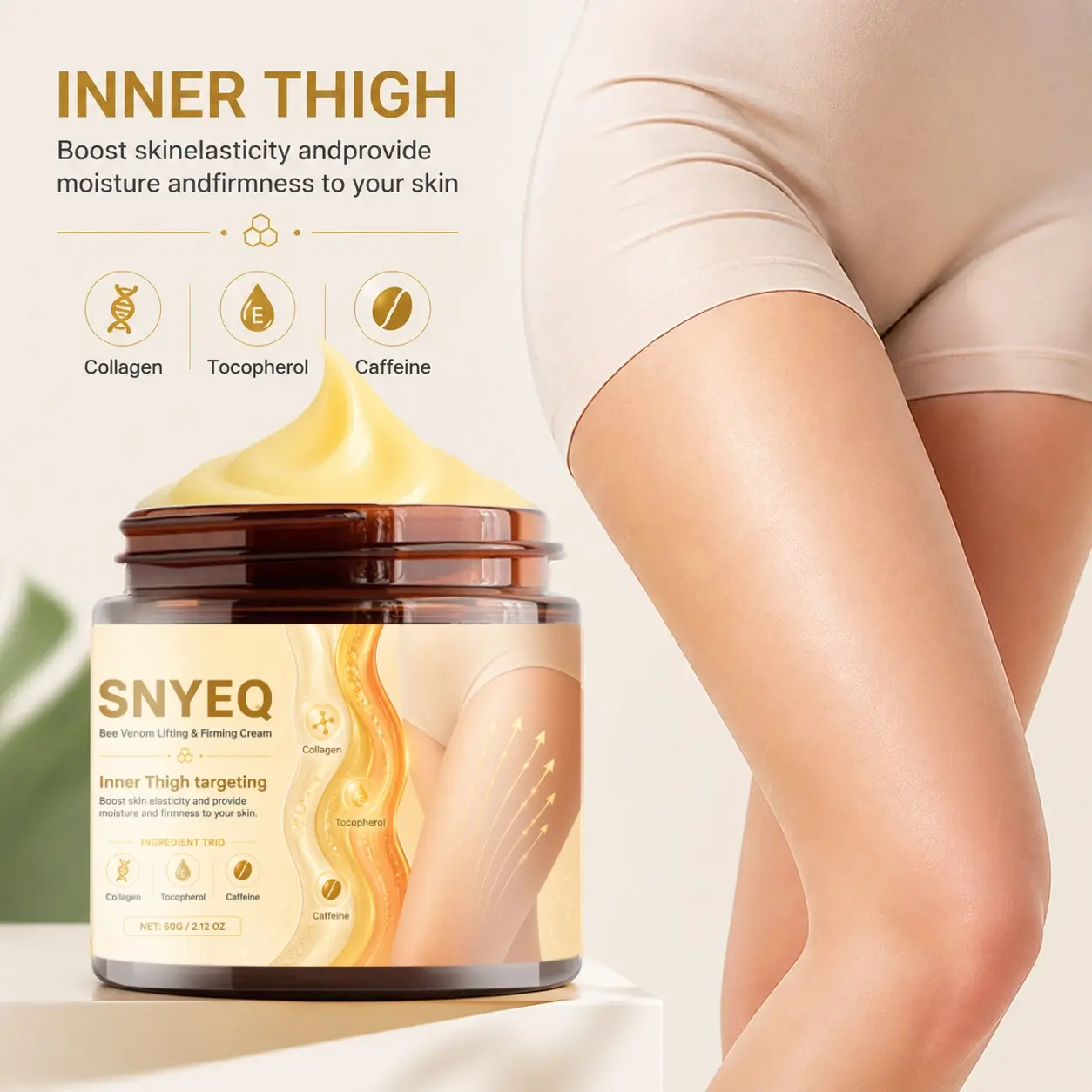 Bee Venom Inner Thigh Lifting & Firming Cream, Advanced Collagen & Caffeine Infusion, Deep Hydrating Tightening & Elasticity Boost for Sagging Skin, Luxurious Body Care for Thighs, Arms & Abdomen, 60G/2.12Oz Premium Skin Firming