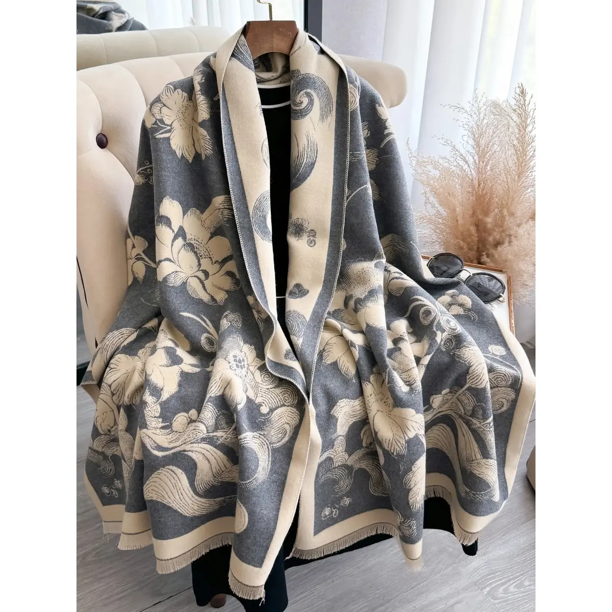 Women’s Lotus Floral Print Fringe Scarf - Elegant Faux Fur Satin Shawl, Washable Cotton Warm Fall Winter Fashion Accessory, Tencel, Plain, Female, Machine Wash, Dress Shawl, Italian, Fashion Shawl Wrap