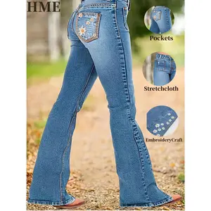 Women'S Blue Stretch Retro Flare Jeans, Floral Embroidered Patchwork Wide-Leg Pants With Bohemian Buckle Embellishments| All-Season Wear, Stylish Elegant Versatile &