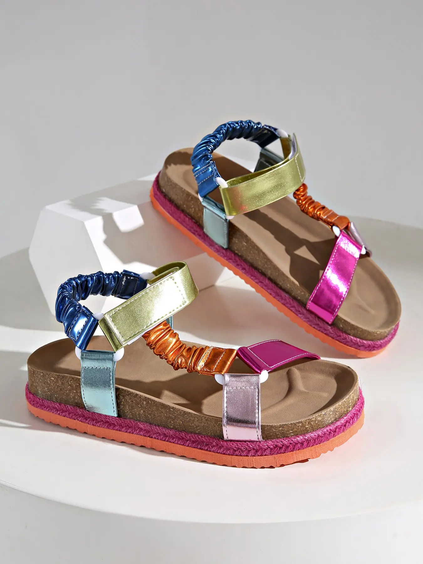 Colorful Vacation Beach Shoes, Color Block Thick Sole Velcro Sandals, Arch Support Comfortable Long Work Footwear, Non-Tiring Design