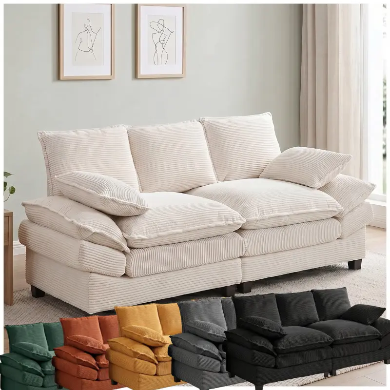 Double modular double sofa, deep seat corduroy cloud sofa, comfortable double sofa with pillows, modern cushioned double sofa, suitable for living room, bedroom, apartment, beige, black, gray, orange, green, yellow