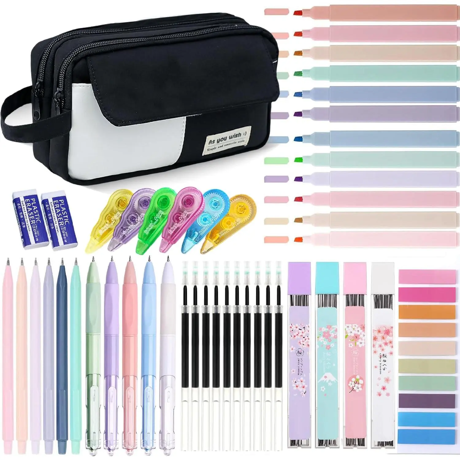 42 count Big Capacity Pencil Pouch with Aesthetic School Supplies, 12 Pastel Highlighters, 5 Black Ink Gel Pens, 6 Mechanical Pencils Set 0.5 & 0.7mm, Sticky Notes, Stationary Set for Student(Black)