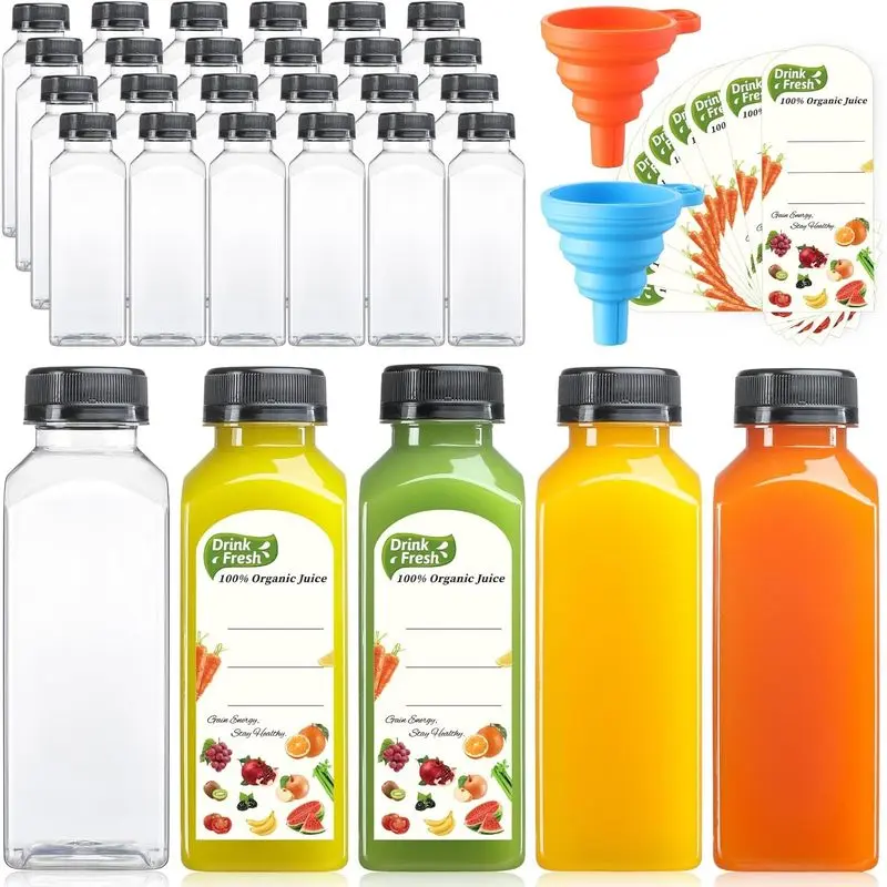 24 PACK, 12 OZ Reusable Thicker Plastic Juice Bottles with Caps, Plus 24 Labels & 2 Funnels - Clear Juicing Bottles for Juice, Smoothies, Ginger, Tea, Coffee -Food Grade & Travel Leakproof & Freezable