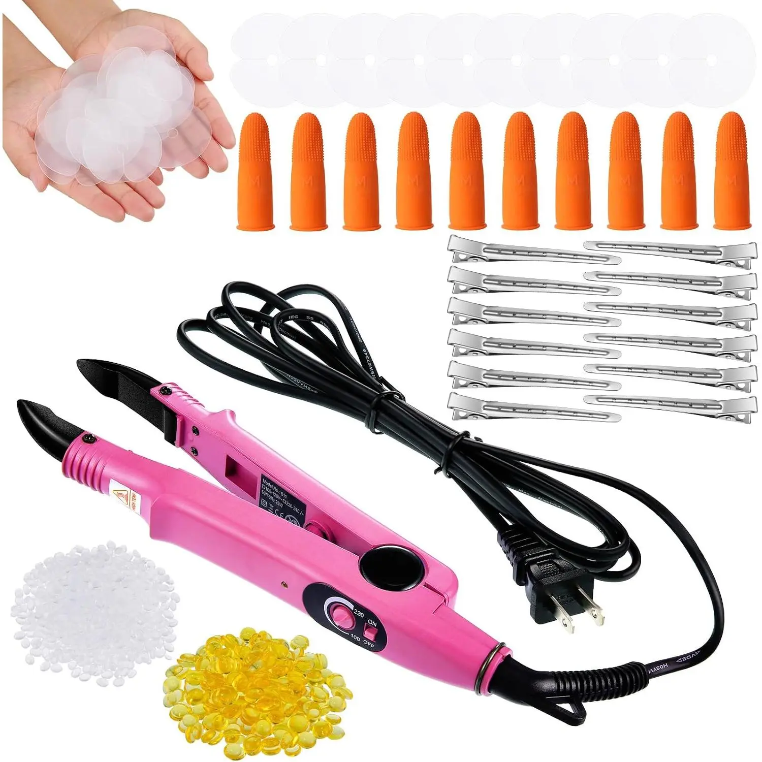 Hair Extension Kit: Heat Iron,  Glue Granules, Protector Templates, Hair Clips, and Finger Protector()