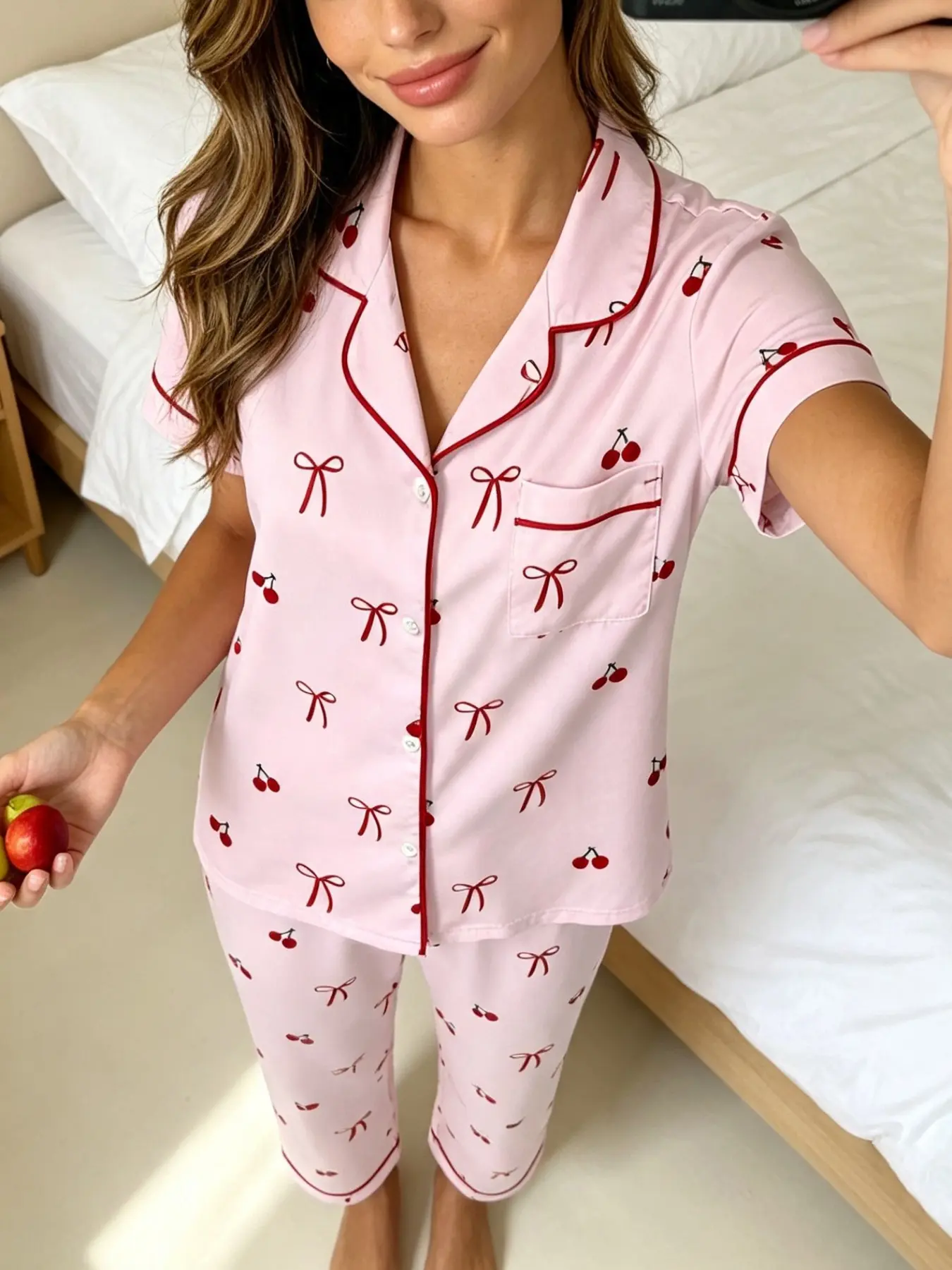 Women's Short Sleeve Pajama Set, Casual Ankle-Length Sleepwear, All-Over Cherry Bow Print, Slim-Fit, Two-Piece Home