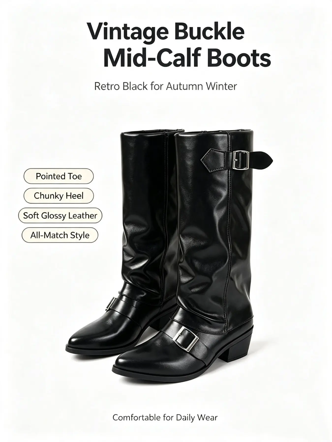 Women's Fashion Faux Leather Low Heel Boots, Casual Belted Knee High Boots, Round Toe Rubber Sole, Fall & Winter Style, Trendy Boots