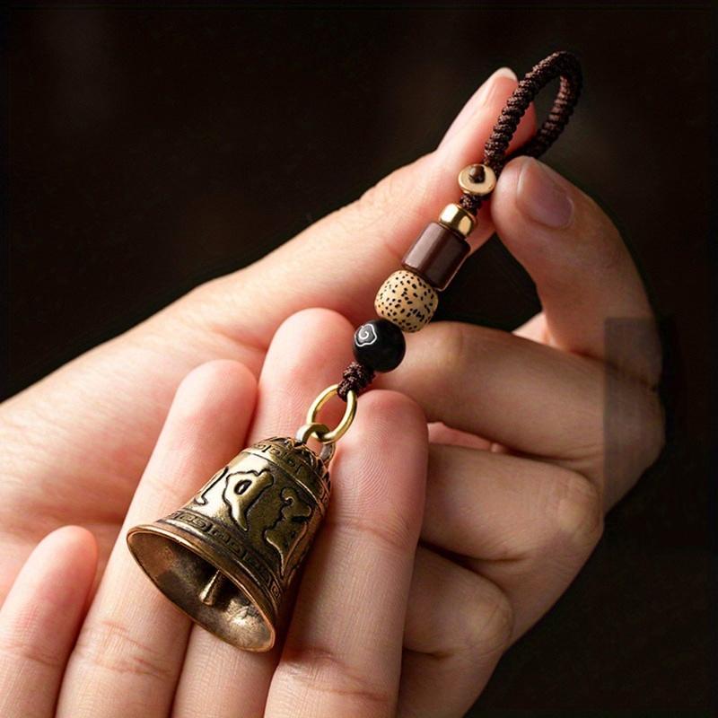 Vintage Brass Bell Pendant Keychain With Handmade Rope Lanyard, Six-Mantra Inspired Decorative Charm, Portable Hanging Ornament for Car Keys and Daily Bag Decoration