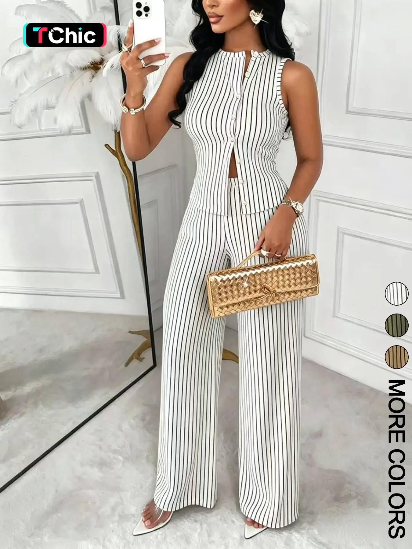2-Piece Women's Textured Fit Matching Set, Sleeveless Crew Neck Button-Front Top + Wide-Leg Pants, Solid Beige Design, Chic Sophisticated Casual Style, Suits