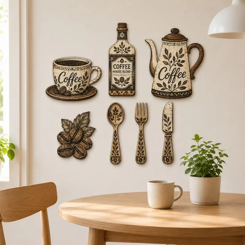 7 Pieces Coffee-Themed Wooden Kitchen Wall Decor, Vintage Country Style Wall Hangings Featuring Coffee Cups, Coffee Pots, Coffee Beans, Suitable for Kitchens and Cafés, Decorative Wall Art, Decoration Items