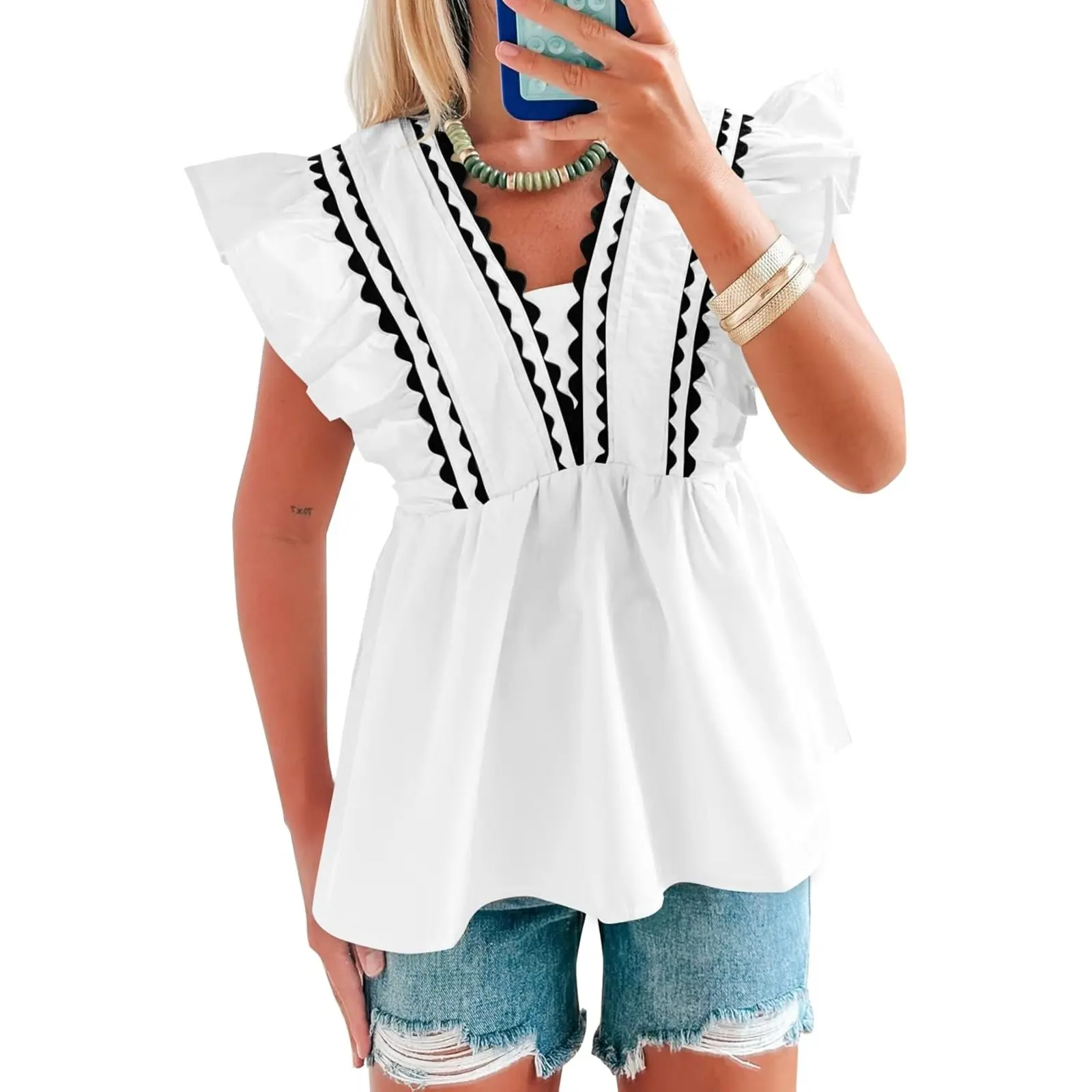 Tankaneo Womens Babydoll Peplum Tops Ruffle Cap Sleeve V Neck Blouse Dressy Cute Summer Pleated Shirts Trendy
