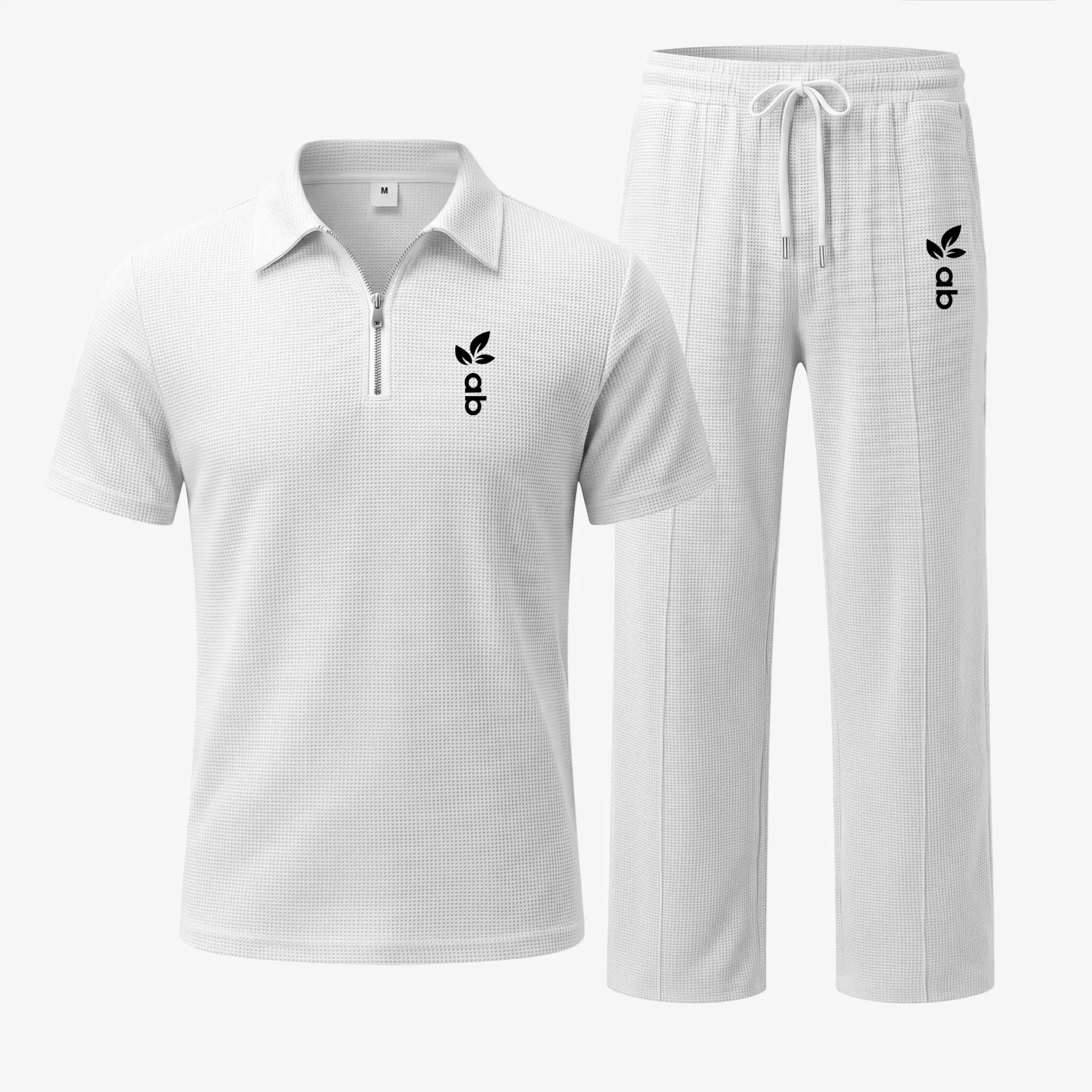 Men’s Letter Leaf Graphic Waffle Fabric Zip Collar Polo Shirt and Pants Set, Short Sleeve Polo Top with Matching Drawstring Trousers, Casual Two Piece Outfit